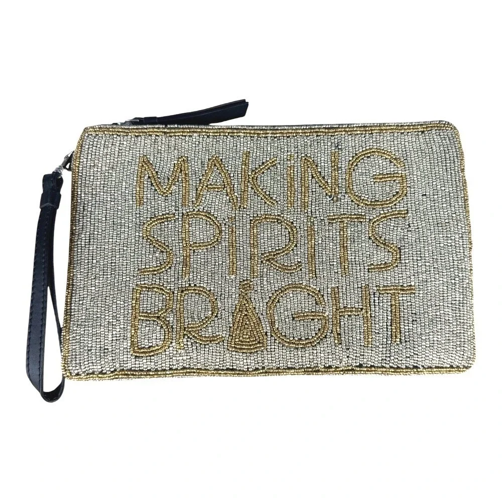 Talbots Making Spirits Bright Beaded Holiday Wristlet Clutch Gold Gray Velvet